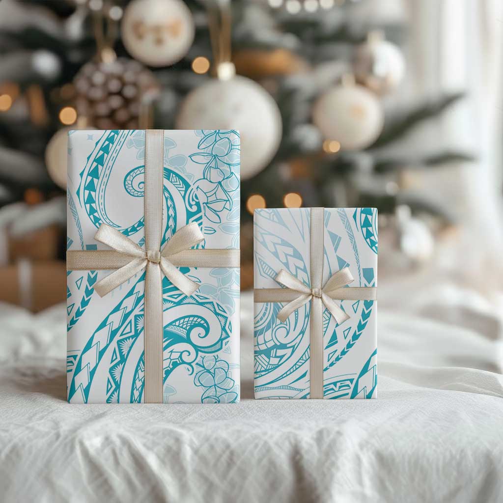 Polynesia Plumeria Lei Wrapping Paper White Turquoise Curves Motif LT7 - Polynesian Pride