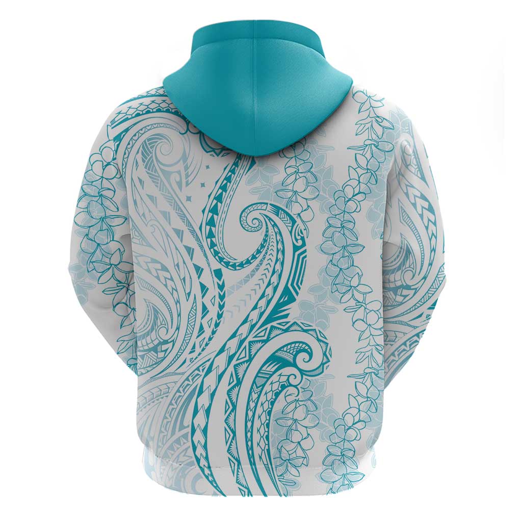 Polynesia Plumeria Lei Zip Hoodie White Turquoise Curves Motif