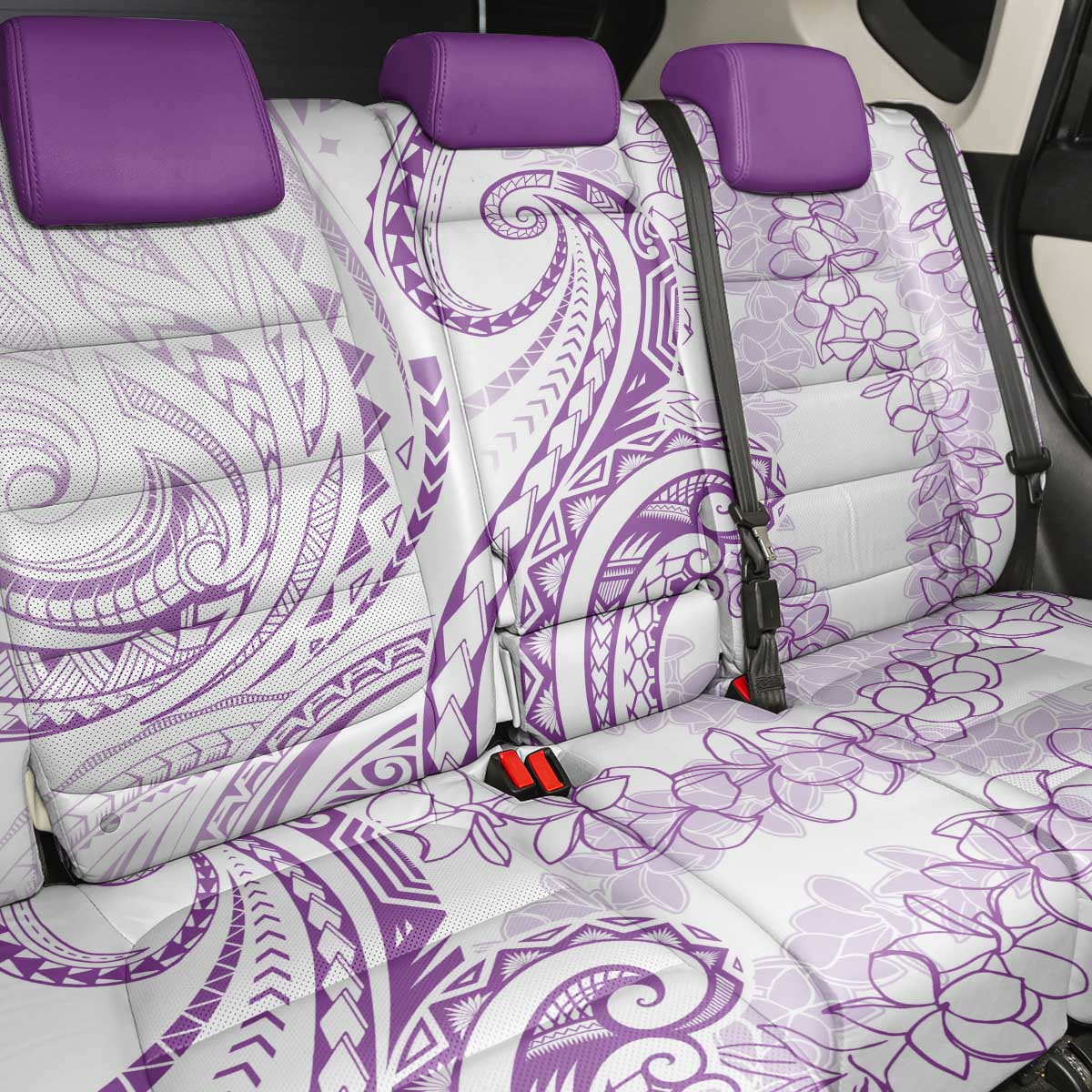 Polynesia Plumeria Lei Back Car Seat Cover White Violet Curves Motif