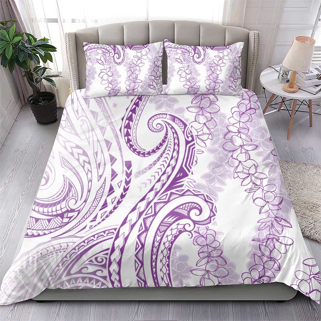 Polynesia Plumeria Lei Bedding Set White Violet Curves Motif