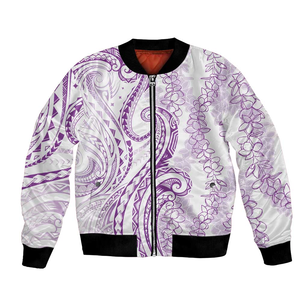 Polynesia Plumeria Lei Bomber Jacket White Violet Curves Motif