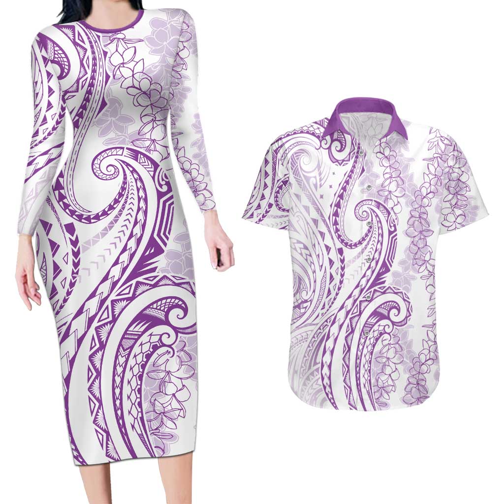 Polynesia Plumeria Lei Couples Matching Long Sleeve Bodycon Dress and Hawaiian Shirt White Violet Curves Motif LT7 Violet - Polynesian Pride