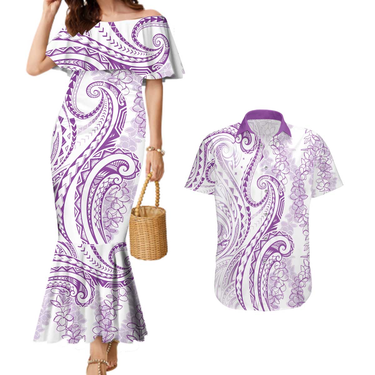 Polynesia Plumeria Lei Couples Matching Mermaid Dress and Hawaiian Shirt White Violet Curves Motif LT7 Violet - Polynesian Pride