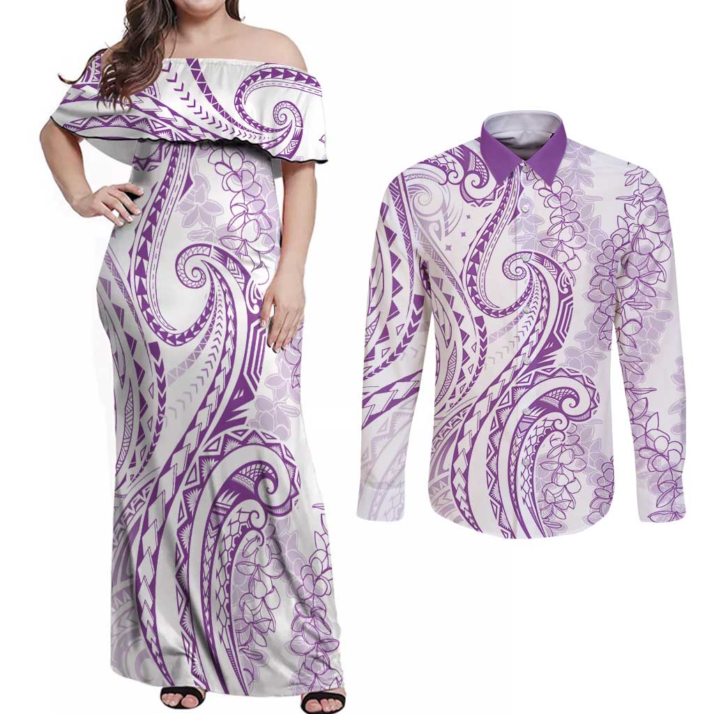 Polynesia Plumeria Lei Couples Matching Off Shoulder Maxi Dress and Long Sleeve Button Shirt White Violet Curves Motif LT7 Violet - Polynesian Pride