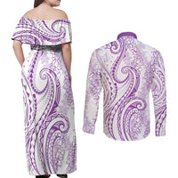 Polynesia Plumeria Lei Couples Matching Off Shoulder Maxi Dress and Long Sleeve Button Shirt White Violet Curves Motif LT7 - Polynesian Pride