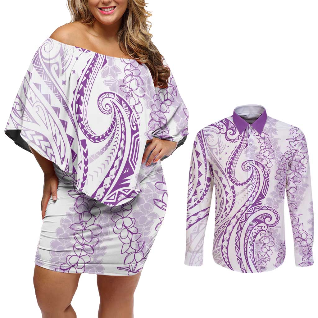 Polynesia Plumeria Lei Couples Matching Off Shoulder Short Dress and Long Sleeve Button Shirt White Violet Curves Motif LT7 Violet - Polynesian Pride