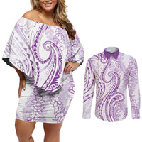 Polynesia Plumeria Lei Couples Matching Off Shoulder Short Dress and Long Sleeve Button Shirt White Violet Curves Motif LT7 Violet - Polynesian Pride