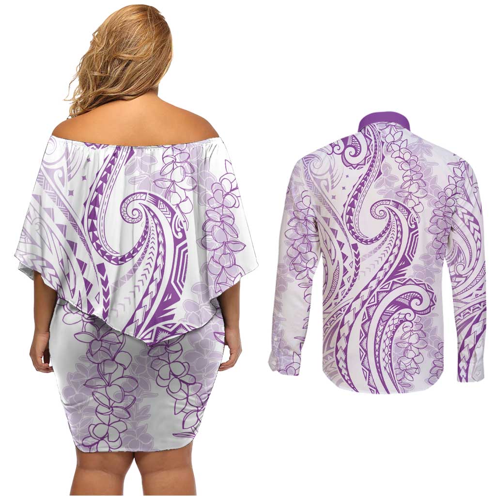 Polynesia Plumeria Lei Couples Matching Off Shoulder Short Dress and Long Sleeve Button Shirt White Violet Curves Motif LT7 - Polynesian Pride