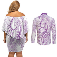 Polynesia Plumeria Lei Couples Matching Off Shoulder Short Dress and Long Sleeve Button Shirt White Violet Curves Motif LT7 - Polynesian Pride
