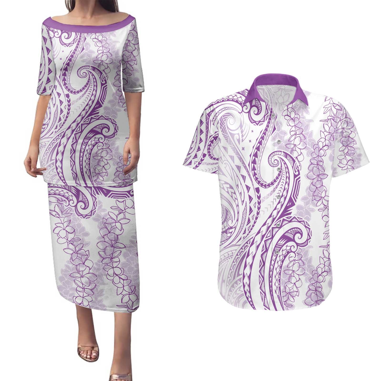 Polynesia Plumeria Lei Couples Matching Puletasi and Hawaiian Shirt White Violet Curves Motif LT7 Violet - Polynesian Pride