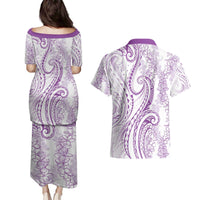 Polynesia Plumeria Lei Couples Matching Puletasi and Hawaiian Shirt White Violet Curves Motif LT7 - Polynesian Pride