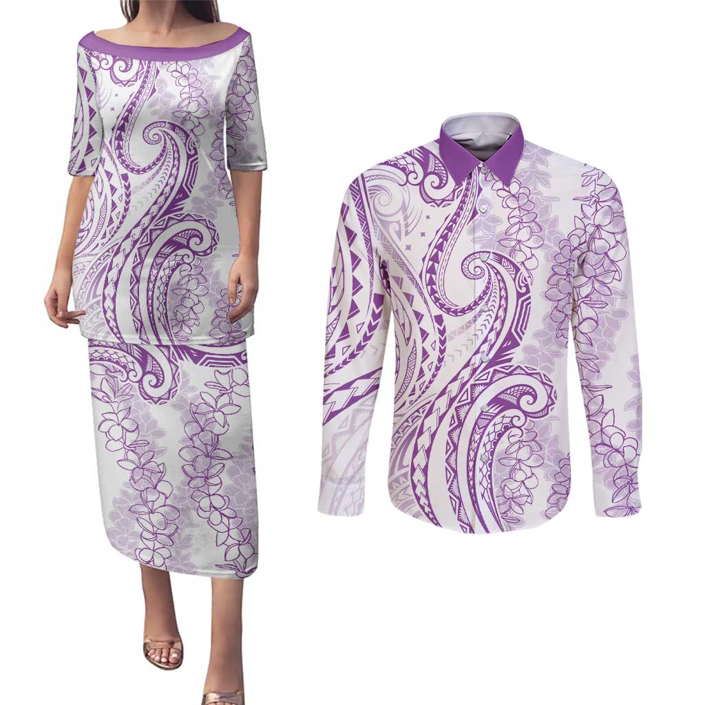 Polynesia Plumeria Lei Couples Matching Puletasi and Long Sleeve Button Shirt White Violet Curves Motif LT7 Violet - Polynesian Pride