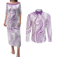 Polynesia Plumeria Lei Couples Matching Puletasi and Long Sleeve Button Shirt White Violet Curves Motif LT7 Violet - Polynesian Pride