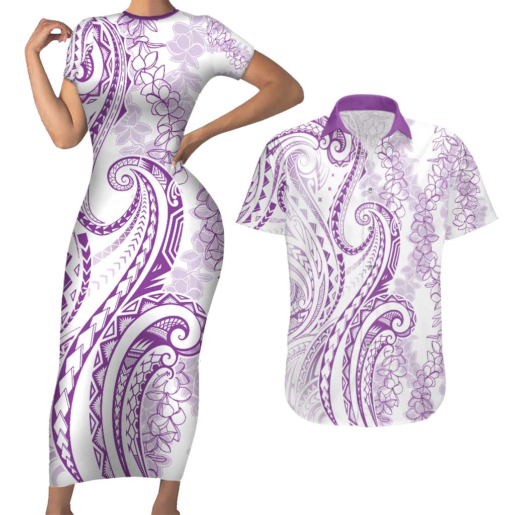 Polynesia Plumeria Lei Couples Matching Short Sleeve Bodycon Dress and Hawaiian Shirt White Violet Curves Motif LT7 Violet - Polynesian Pride