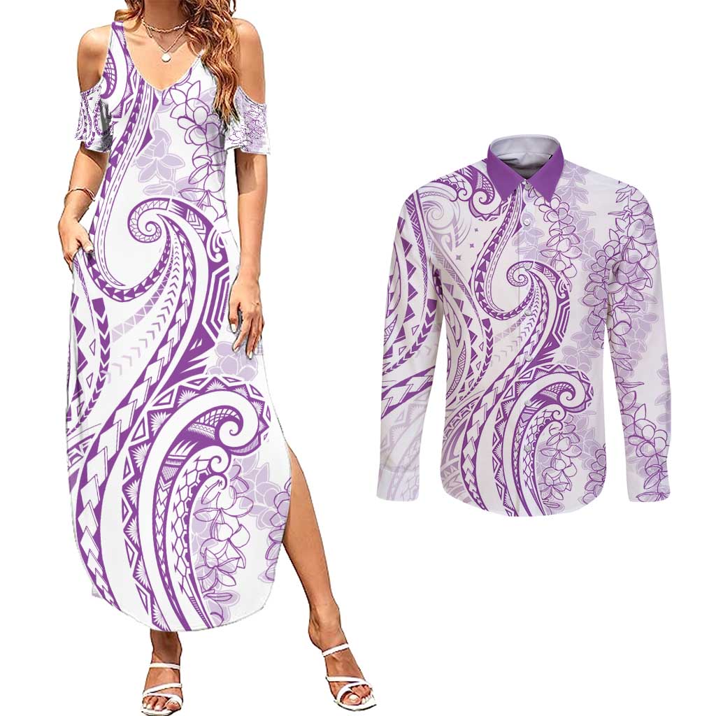Polynesia Plumeria Lei Couples Matching Summer Maxi Dress and Long Sleeve Button Shirt White Violet Curves Motif LT7 Violet - Polynesian Pride