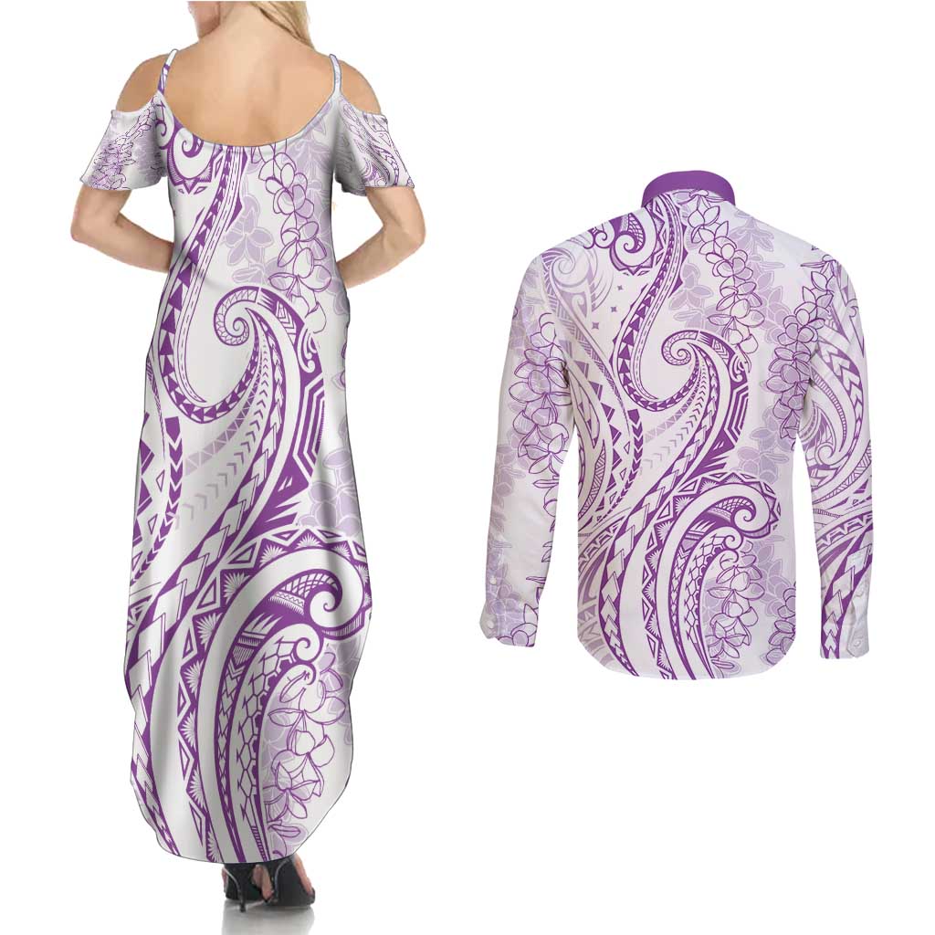 Polynesia Plumeria Lei Couples Matching Summer Maxi Dress and Long Sleeve Button Shirt White Violet Curves Motif LT7 - Polynesian Pride