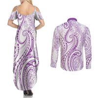 Polynesia Plumeria Lei Couples Matching Summer Maxi Dress and Long Sleeve Button Shirt White Violet Curves Motif LT7 - Polynesian Pride