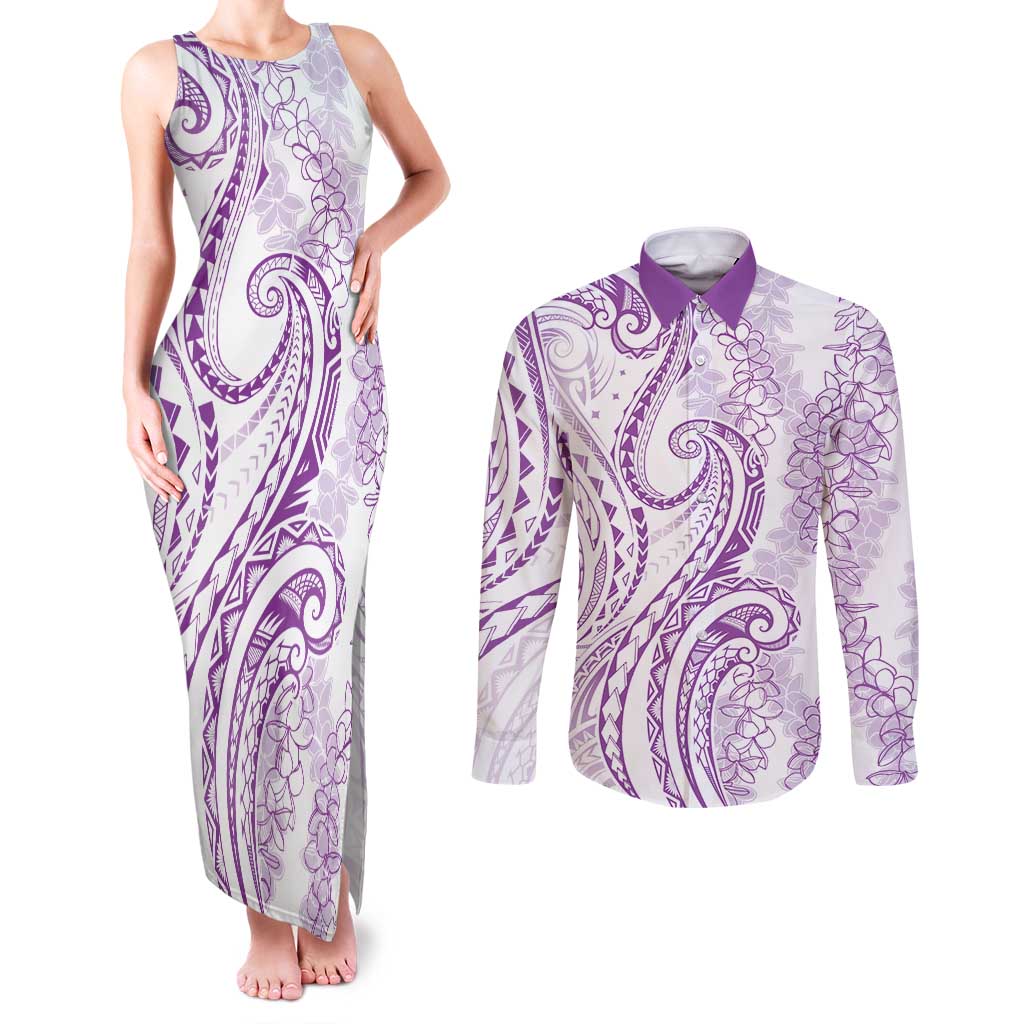 Polynesia Plumeria Lei Couples Matching Tank Maxi Dress and Long Sleeve Button Shirt White Violet Curves Motif LT7 Violet - Polynesian Pride