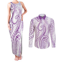 Polynesia Plumeria Lei Couples Matching Tank Maxi Dress and Long Sleeve Button Shirt White Violet Curves Motif LT7 Violet - Polynesian Pride