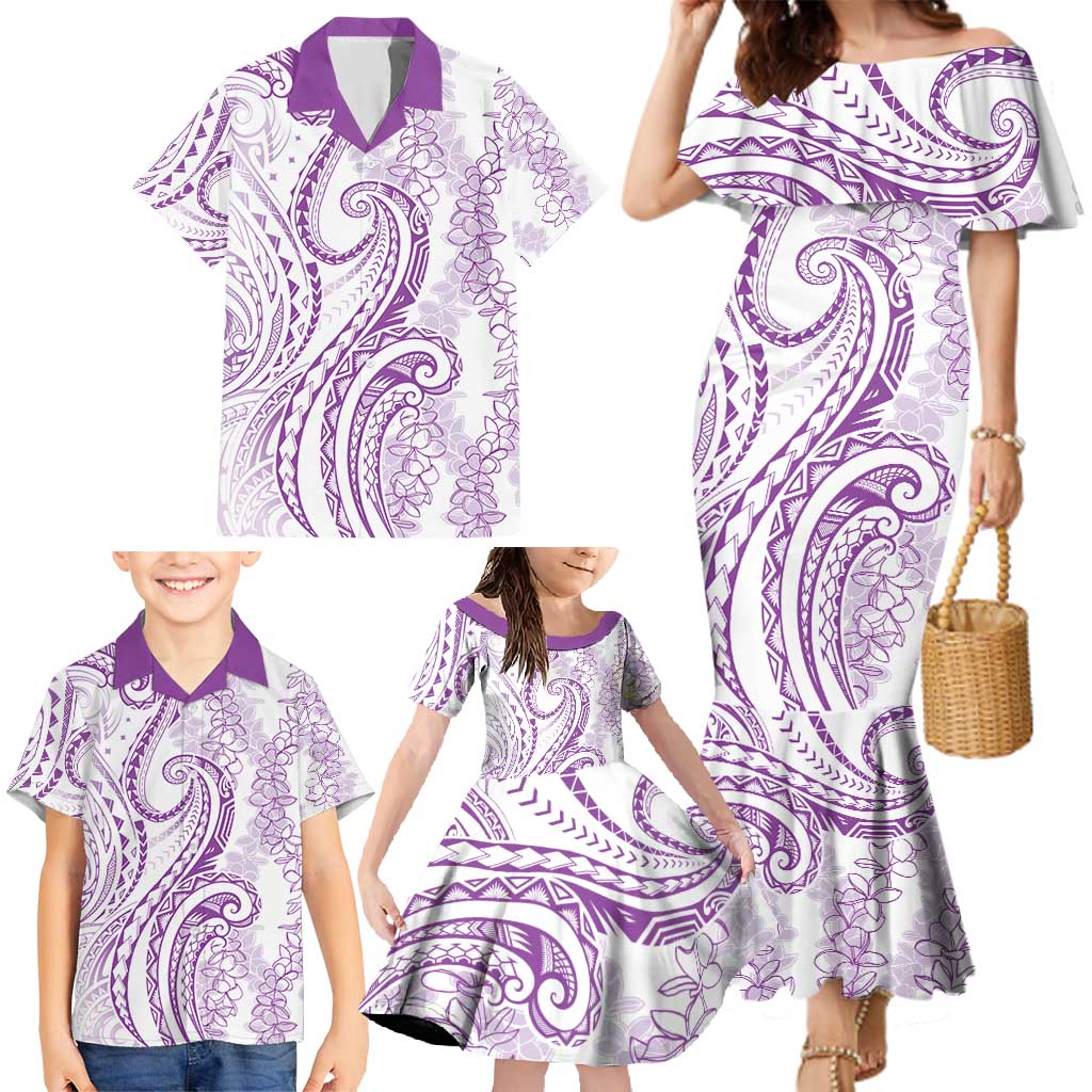 Polynesia Plumeria Lei Family Matching Mermaid Dress and Hawaiian Shirt White Violet Curves Motif LT7 - Polynesian Pride
