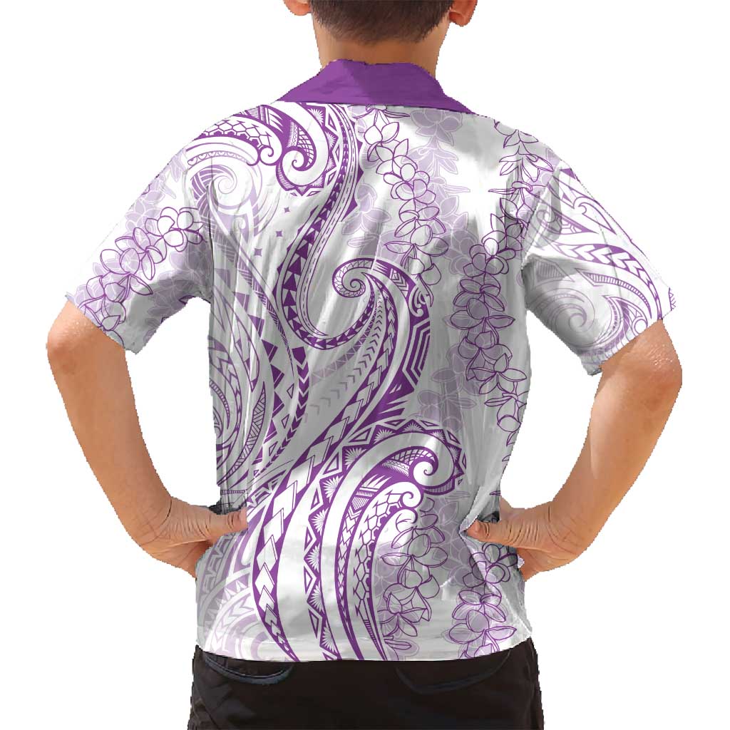 Polynesia Plumeria Lei Family Matching Off Shoulder Maxi Dress and Hawaiian Shirt White Violet Curves Motif