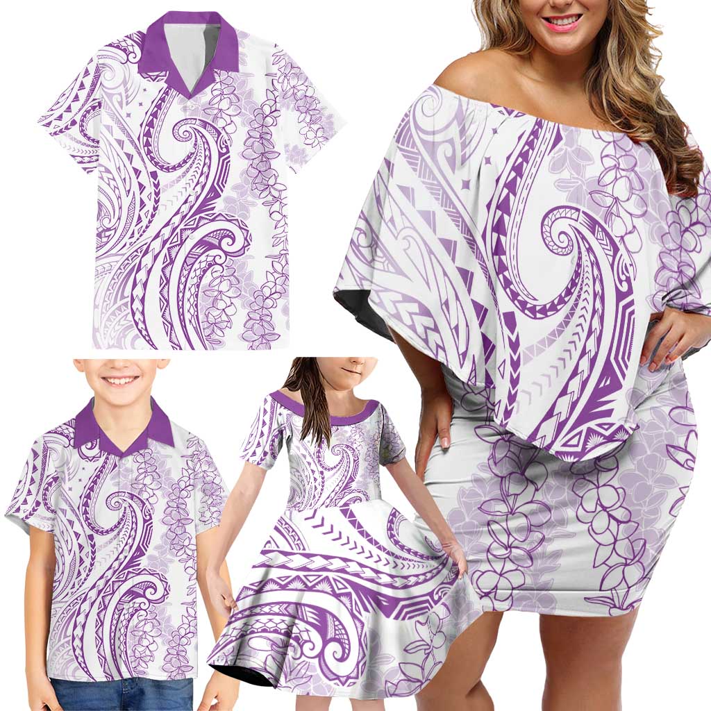 Polynesia Plumeria Lei Family Matching Off Shoulder Short Dress and Hawaiian Shirt White Violet Curves Motif LT7 - Polynesian Pride