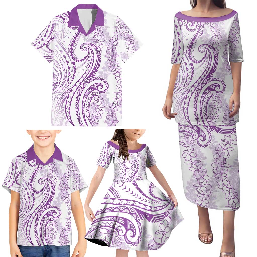 Polynesia Plumeria Lei Family Matching Puletasi and Hawaiian Shirt White Violet Curves Motif LT7 - Polynesian Pride