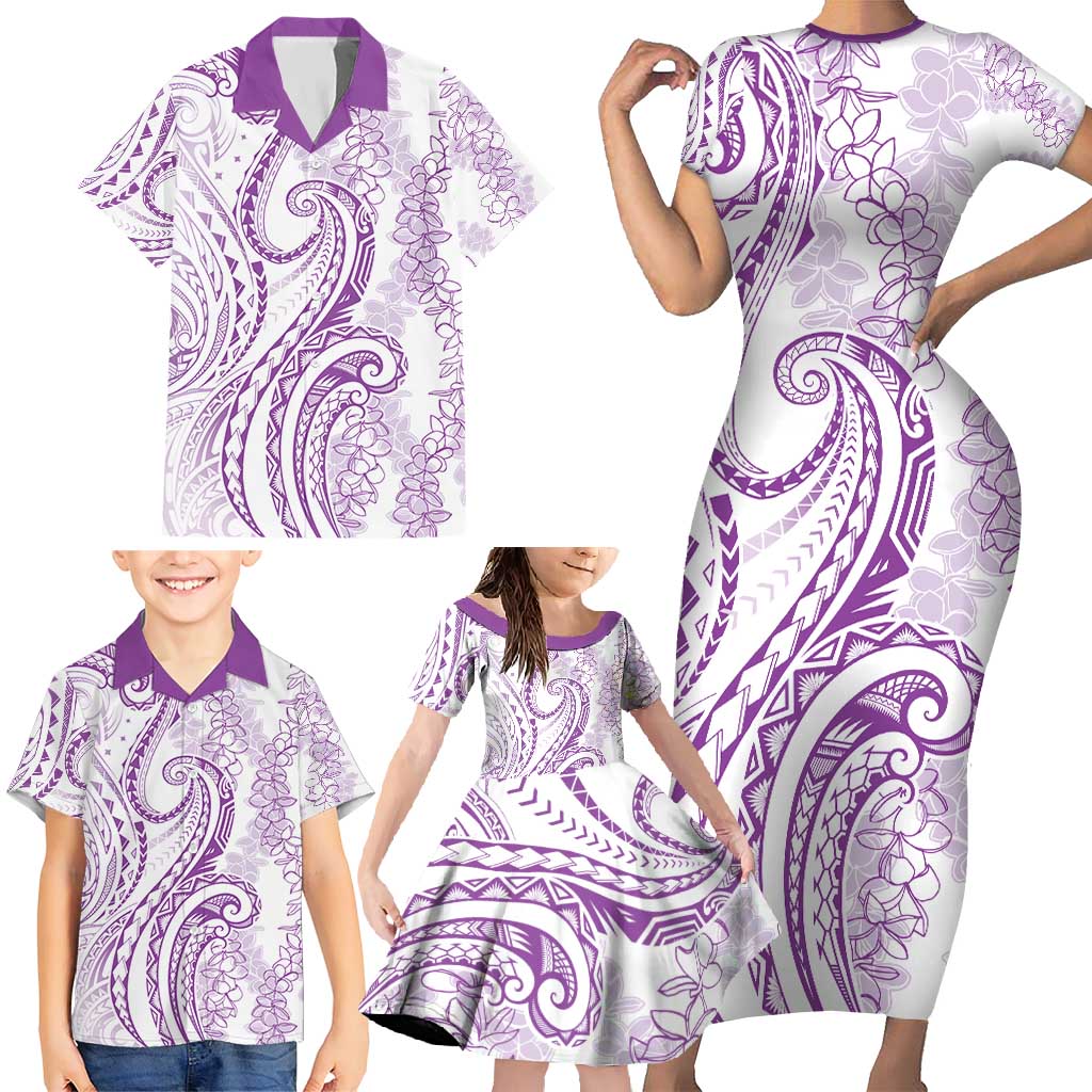 Polynesia Plumeria Lei Family Matching Short Sleeve Bodycon Dress and Hawaiian Shirt White Violet Curves Motif LT7 - Polynesian Pride