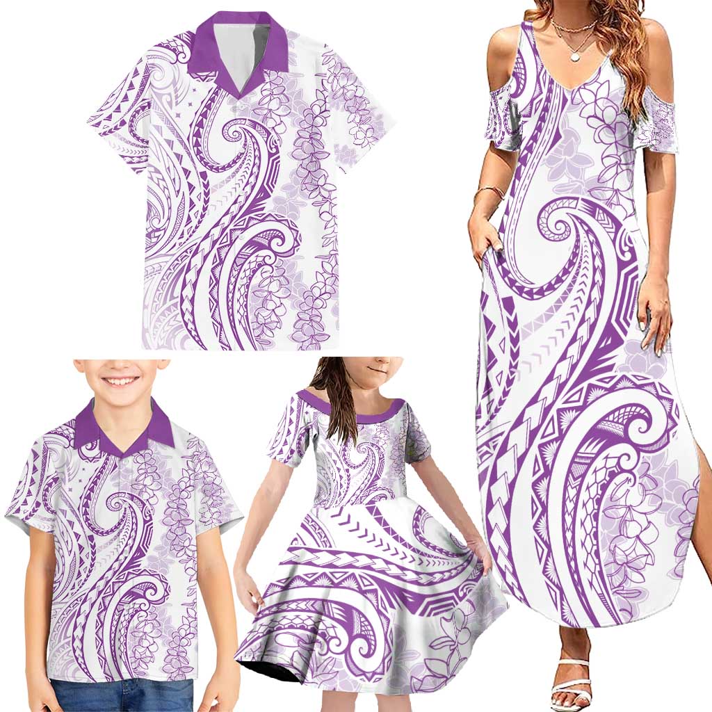 Polynesia Plumeria Lei Family Matching Summer Maxi Dress and Hawaiian Shirt White Violet Curves Motif LT7 - Polynesian Pride