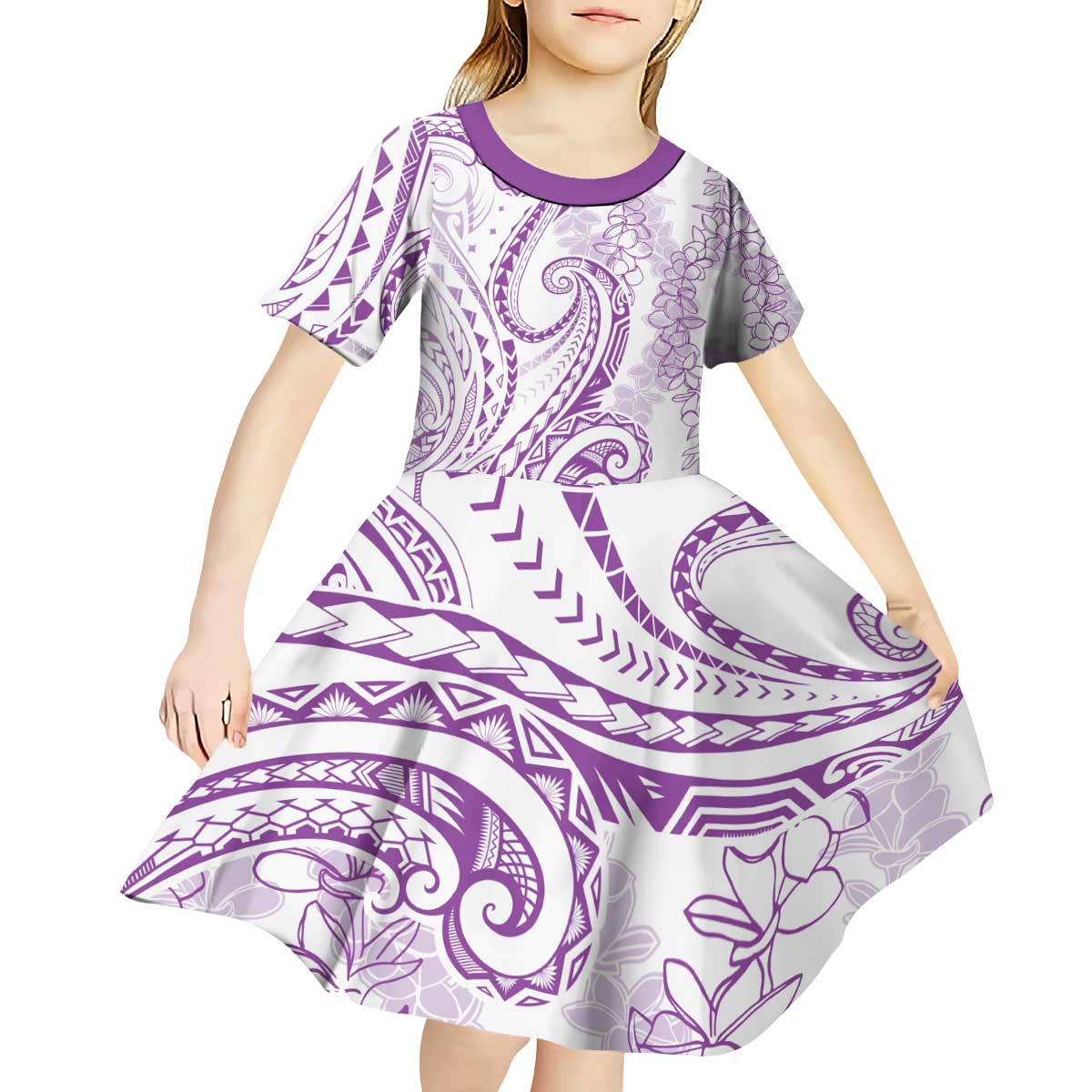 Polynesia Plumeria Lei Kid Short Sleeve Dress White Violet Curves Motif LT7 - Polynesian Pride