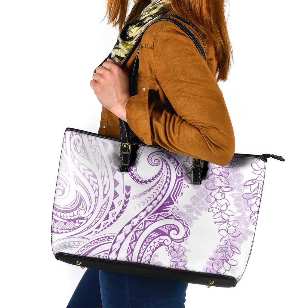 Polynesia Plumeria Lei Leather Tote Bag White Violet Curves Motif