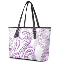 Polynesia Plumeria Lei Leather Tote Bag White Violet Curves Motif