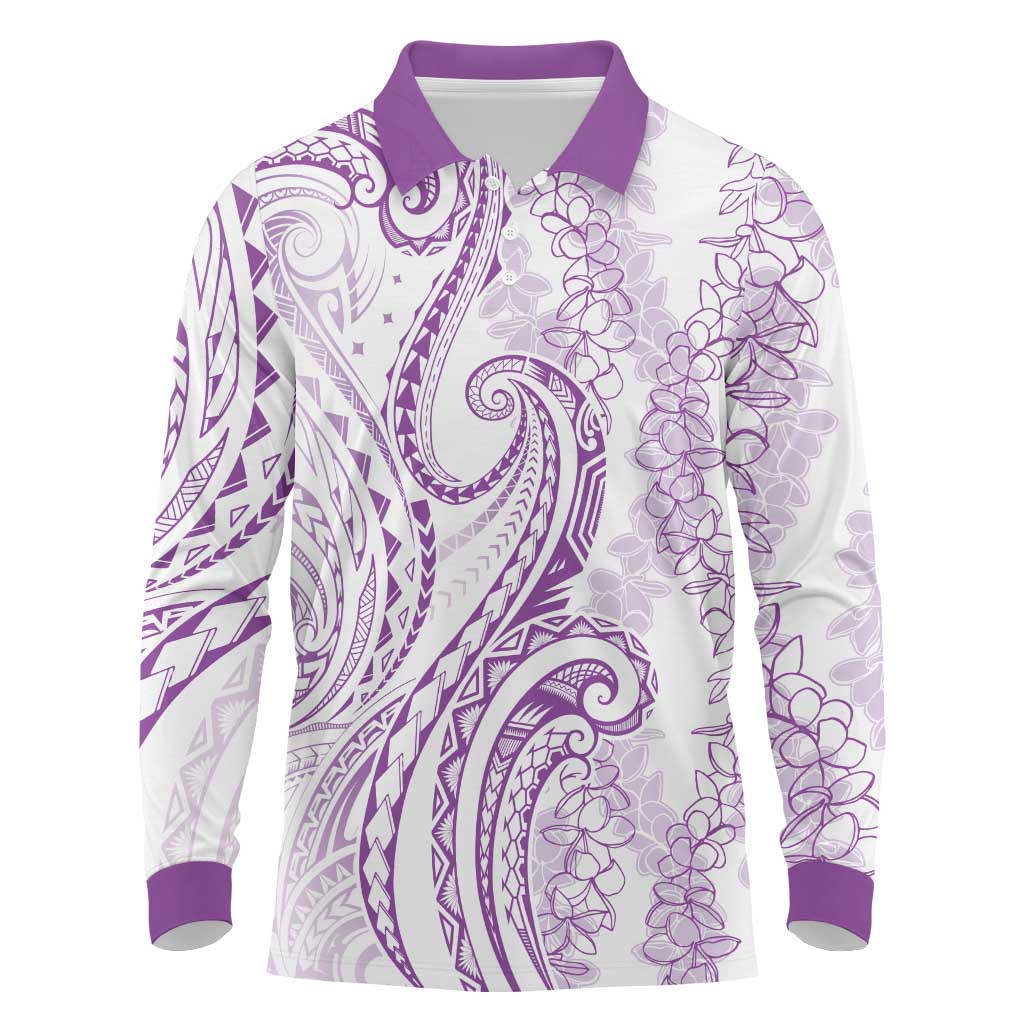 Polynesia Plumeria Lei Long Sleeve Polo Shirt White Violet Curves Motif