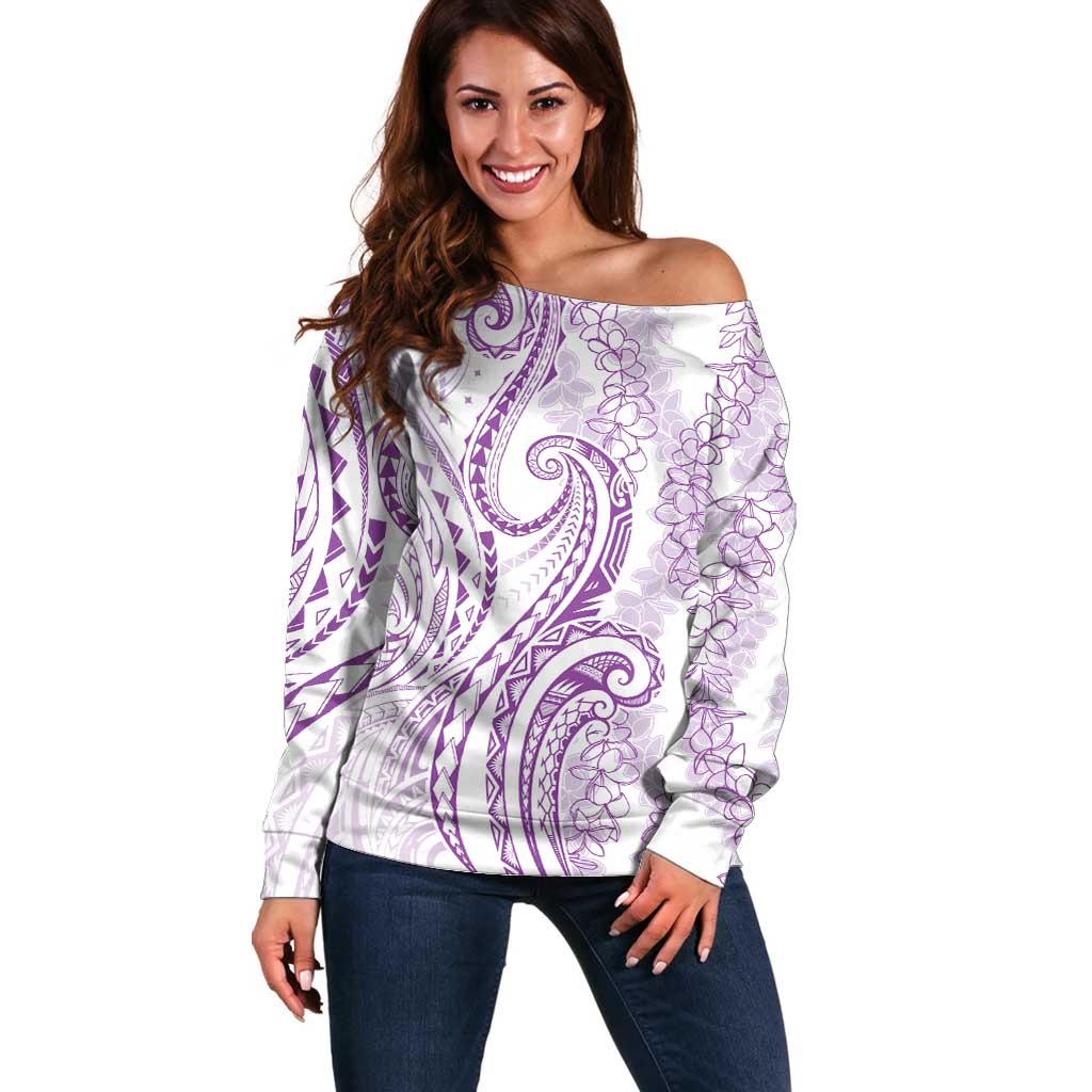 Polynesia Plumeria Lei Off Shoulder Sweater White Violet Curves Motif
