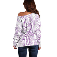 Polynesia Plumeria Lei Off Shoulder Sweater White Violet Curves Motif