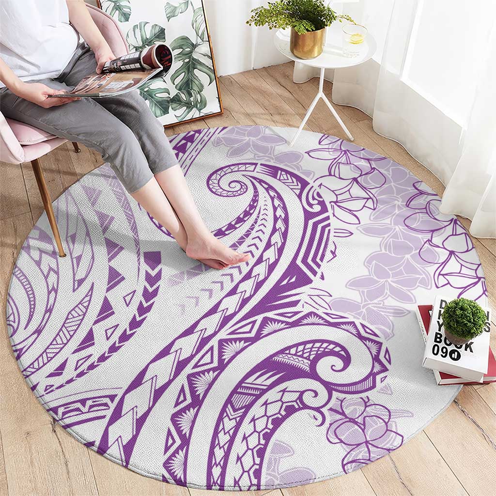 Polynesia Plumeria Lei Round Carpet White Violet Curves Motif
