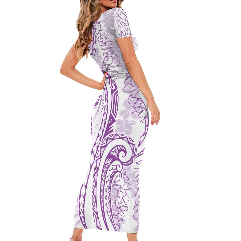 Polynesia Plumeria Lei Short Sleeve Bodycon Dress White Violet Curves Motif