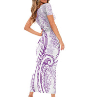 Polynesia Plumeria Lei Short Sleeve Bodycon Dress White Violet Curves Motif