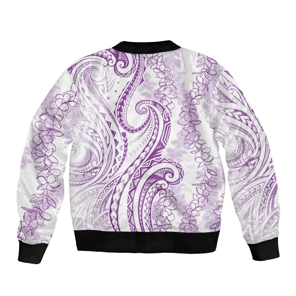 Polynesia Plumeria Lei Sleeve Zip Bomber Jacket White Violet Curves Motif