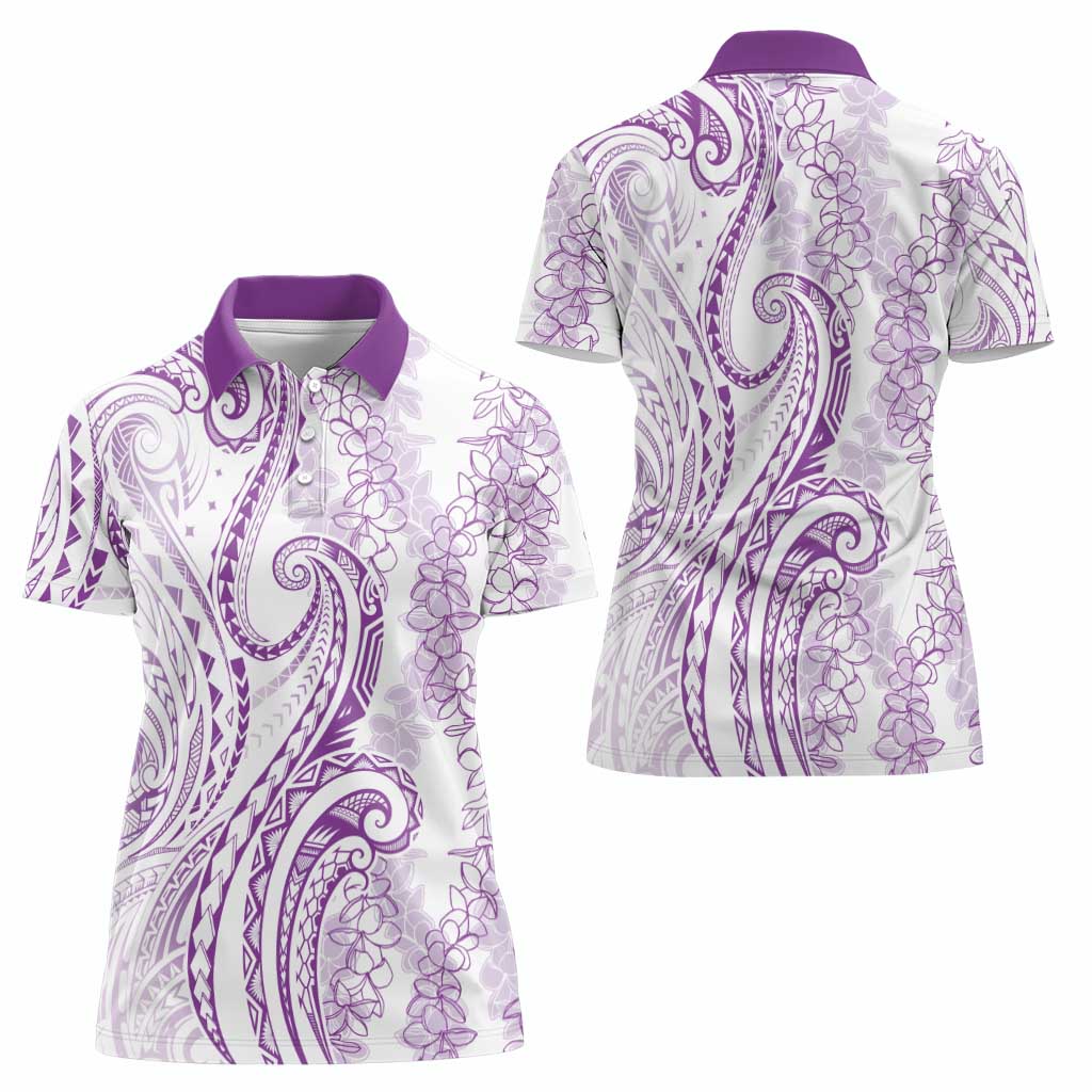Polynesia Plumeria Lei Women Polo Shirt White Violet Curves Motif