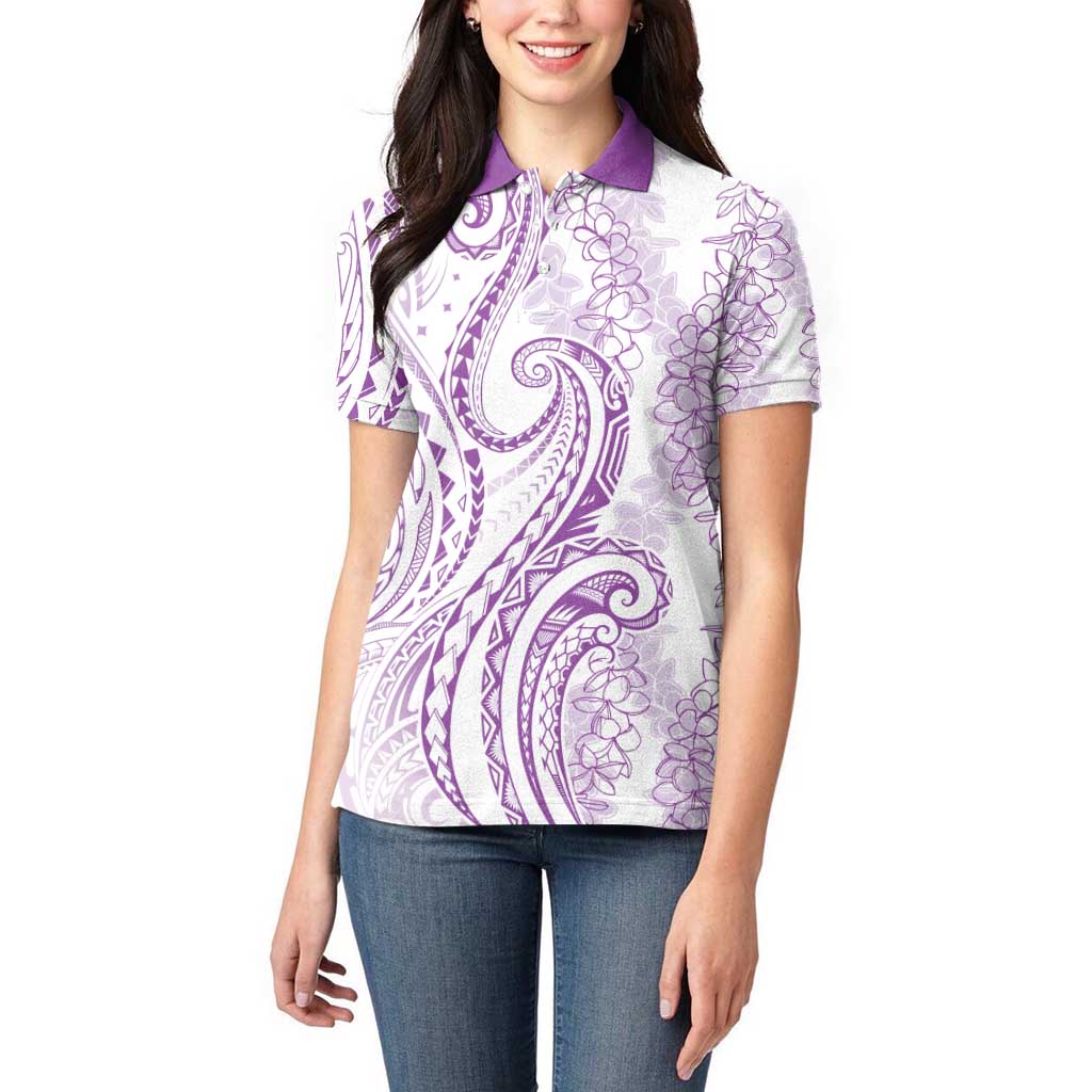 Polynesia Plumeria Lei Women Polo Shirt White Violet Curves Motif