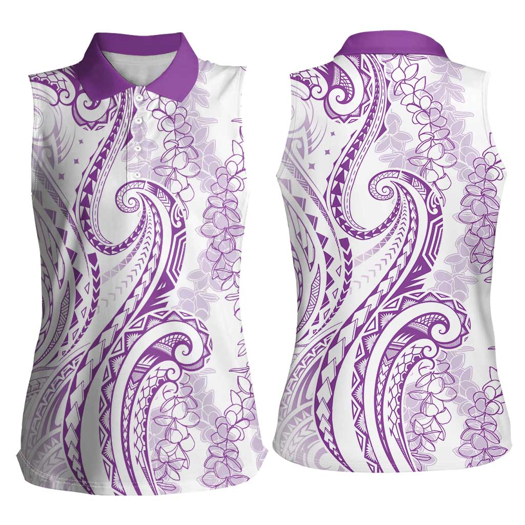 Polynesia Plumeria Lei Women Sleeveless Polo Shirt White Violet Curves Motif