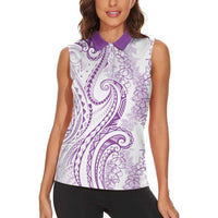 Polynesia Plumeria Lei Women Sleeveless Polo Shirt White Violet Curves Motif