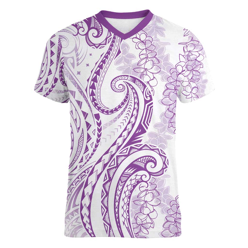 Polynesia Plumeria Lei Women V-Neck T-Shirt White Violet Curves Motif