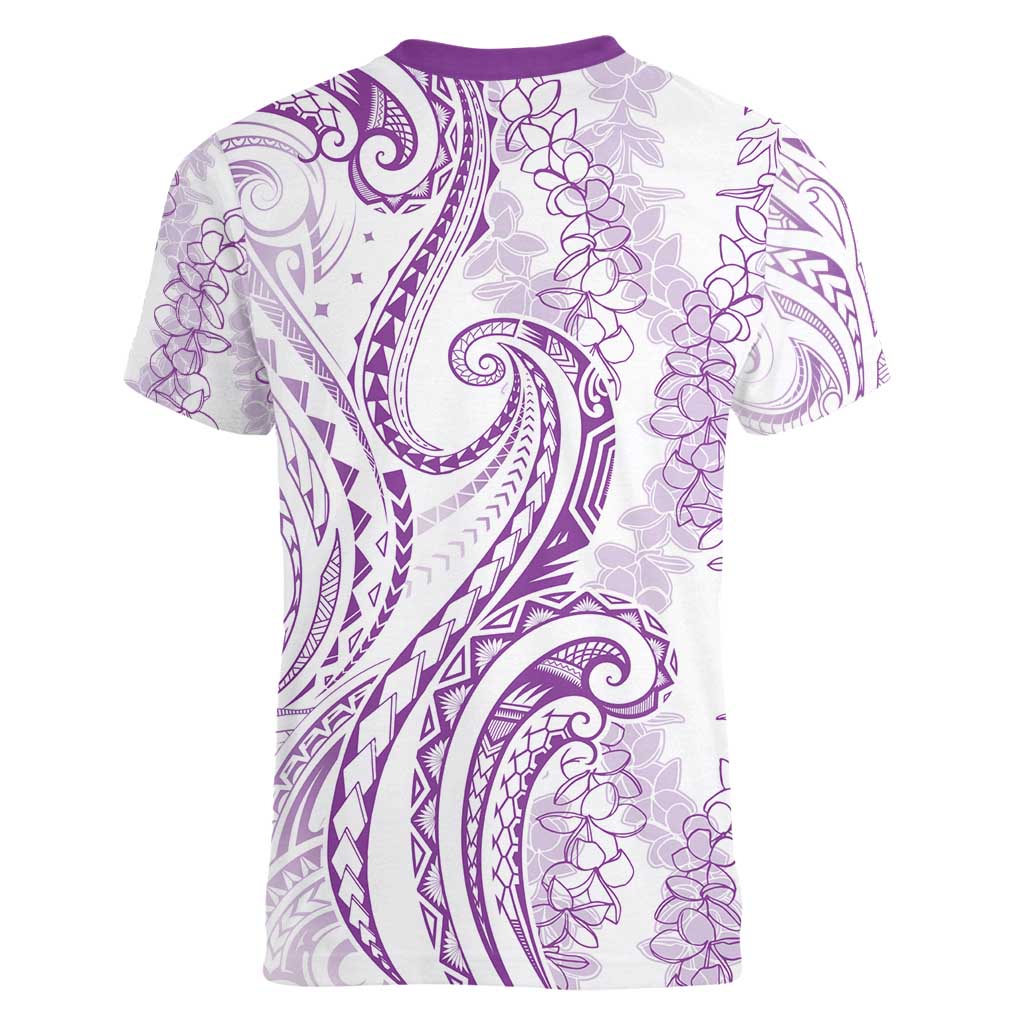 Polynesia Plumeria Lei Women V-Neck T-Shirt White Violet Curves Motif