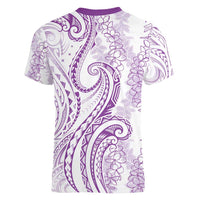 Polynesia Plumeria Lei Women V-Neck T-Shirt White Violet Curves Motif