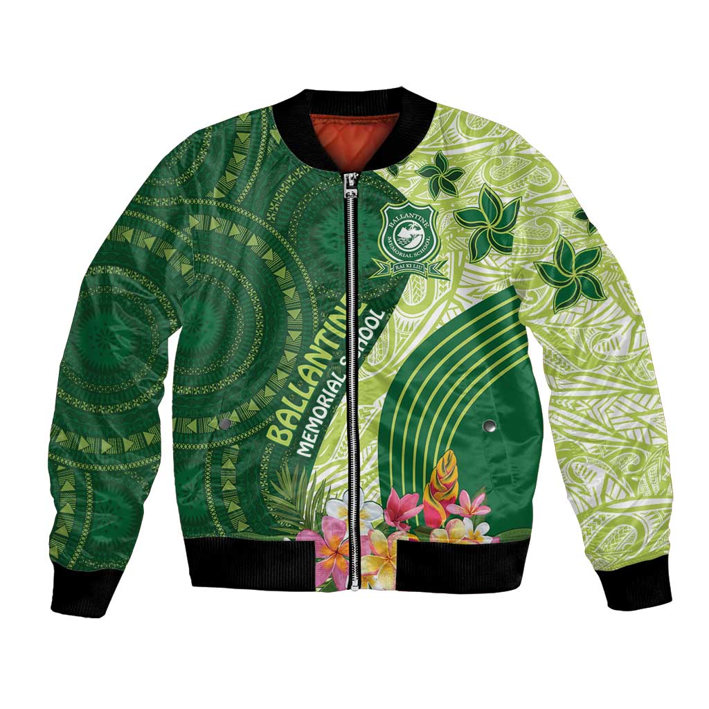 Fiji Ballantine Memorial High School Personalised Bomber Jacket Masi Tapa Mix Plumeria