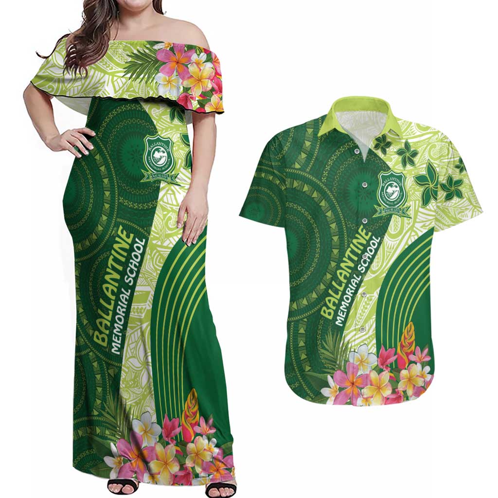 Fiji Ballantine Memorial High School Personalised Couples Matching Off Shoulder Maxi Dress and Hawaiian Shirt Masi Tapa Mix Plumeria