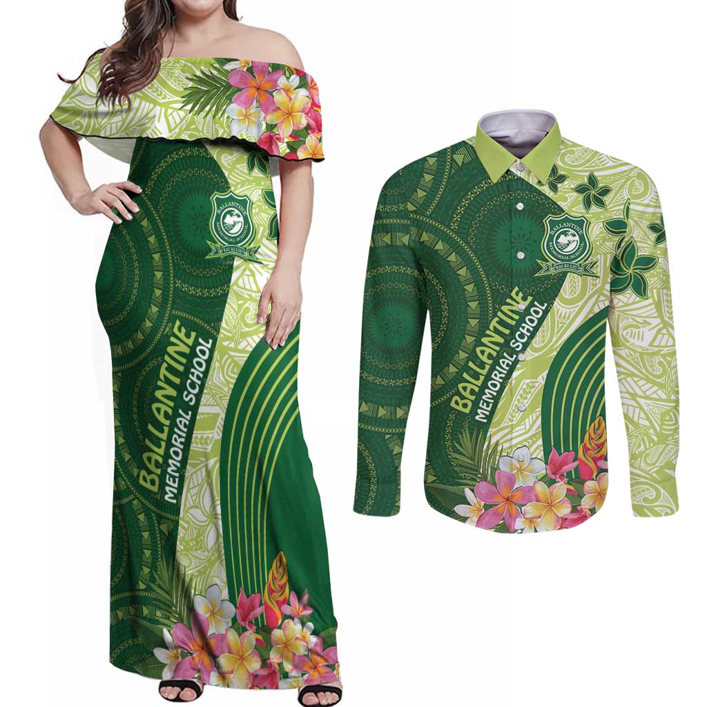 Fiji Ballantine Memorial High School Personalised Couples Matching Off Shoulder Maxi Dress and Long Sleeve Button Shirt Masi Tapa Mix Plumeria