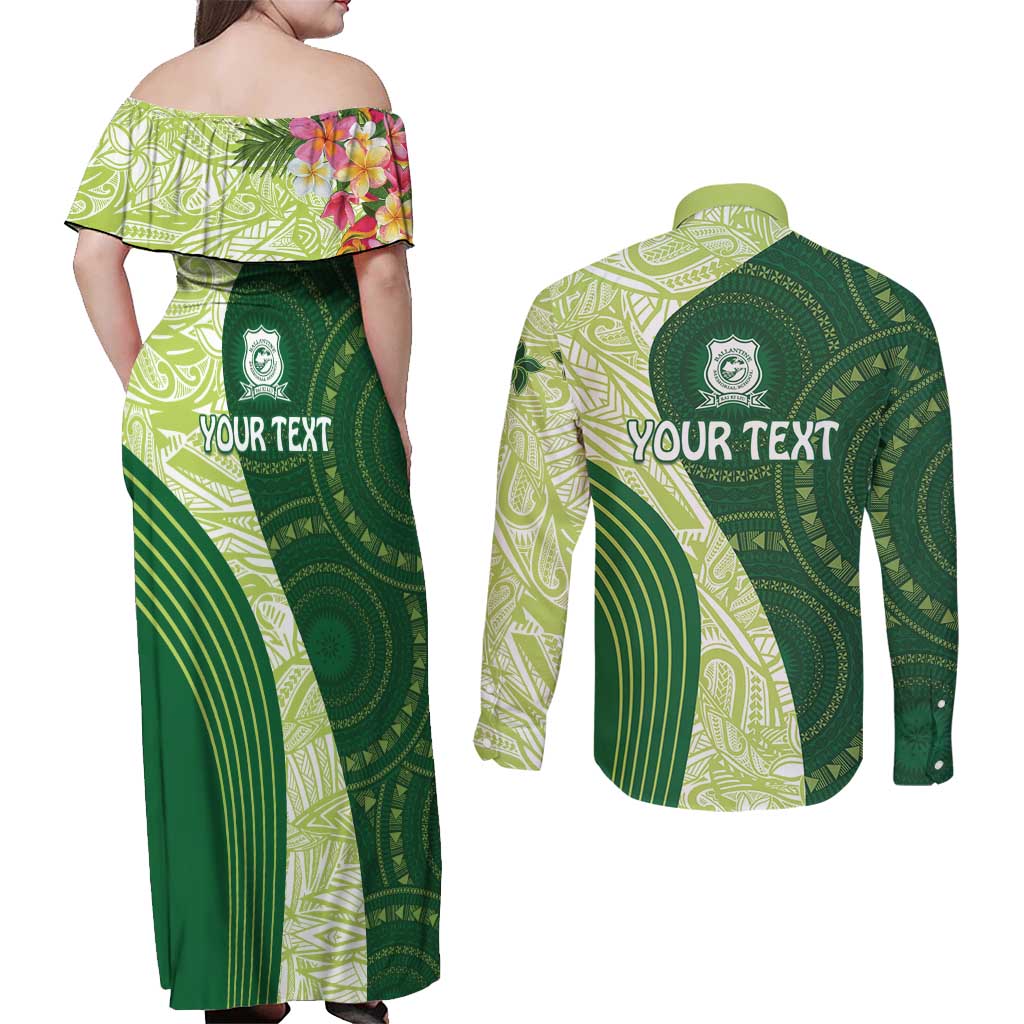 Fiji Ballantine Memorial High School Personalised Couples Matching Off Shoulder Maxi Dress and Long Sleeve Button Shirt Masi Tapa Mix Plumeria